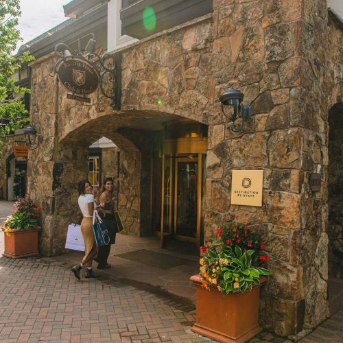 A cozy, stone storefront with wooden beams, potted plants, and warm lights along a narrow, sunlit village street.