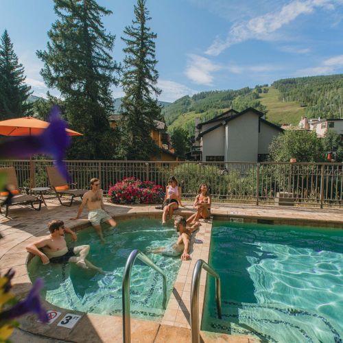 A sunny backyard with a turquoise pool, palm trees, lounge chairs, and a wooden deck, set against a mountain backdrop.