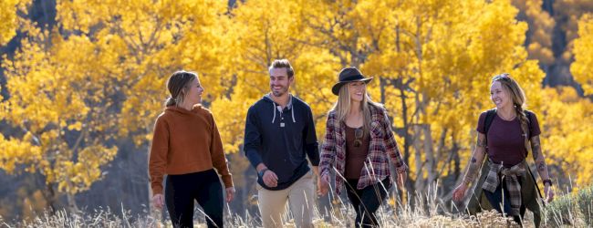 A group of friends strolls through a golden autumn forest, laughing together with a dog trotting nearby.