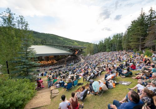 A large outdoor concert with a stage nestled in a forested hillside, and a huge crowd seated on blankets and chairs enjoying the show.