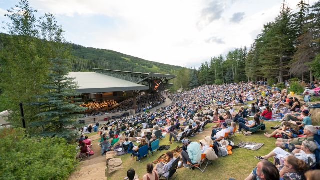 A large outdoor concert with a stage nestled in a forested hillside, and a huge crowd seated on blankets and chairs enjoying the show.
