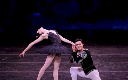 Two ballet dancers perform a graceful lift on stage, with the female dancer arched back and the male dancer supporting in a kneeling pose.