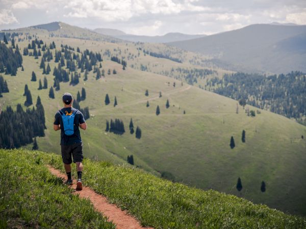 A hiker in a blue backpack walks along a narrow dirt trail across rolling green hills dotted with trees, under a cloudy mountain sky.