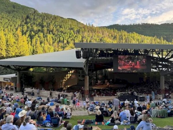 Outdoor concert with a crowd on a lawn facing a stage, surrounded by green forested mountains.