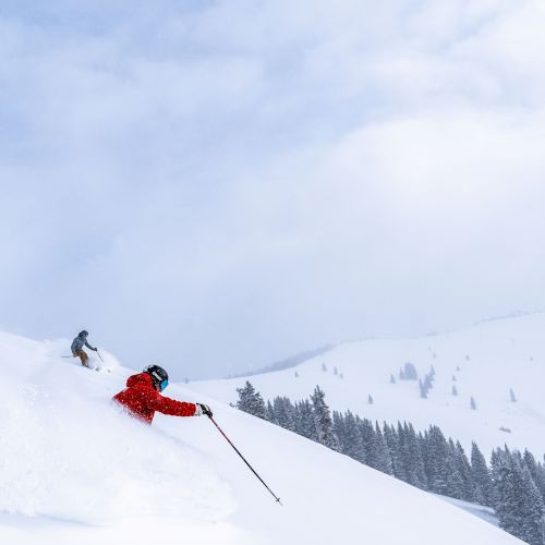 Two skiers race downhill through snowy alpine scenery, with a ski lift overhead under a cloudy winter sky.