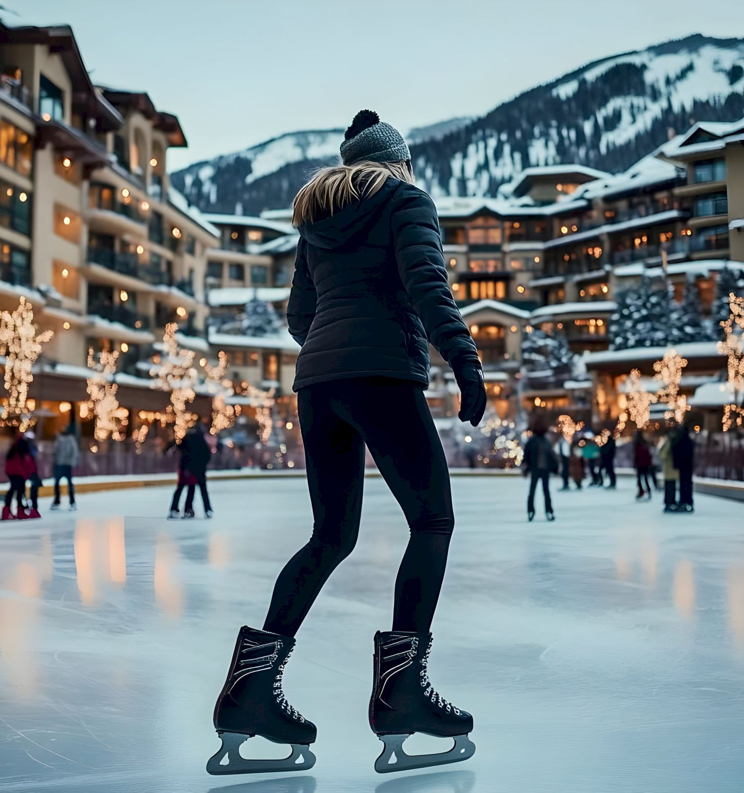 A skater glides on an outdoor ice rink between snowy cabins and mountain slopes, with warm lights glowing behind them.